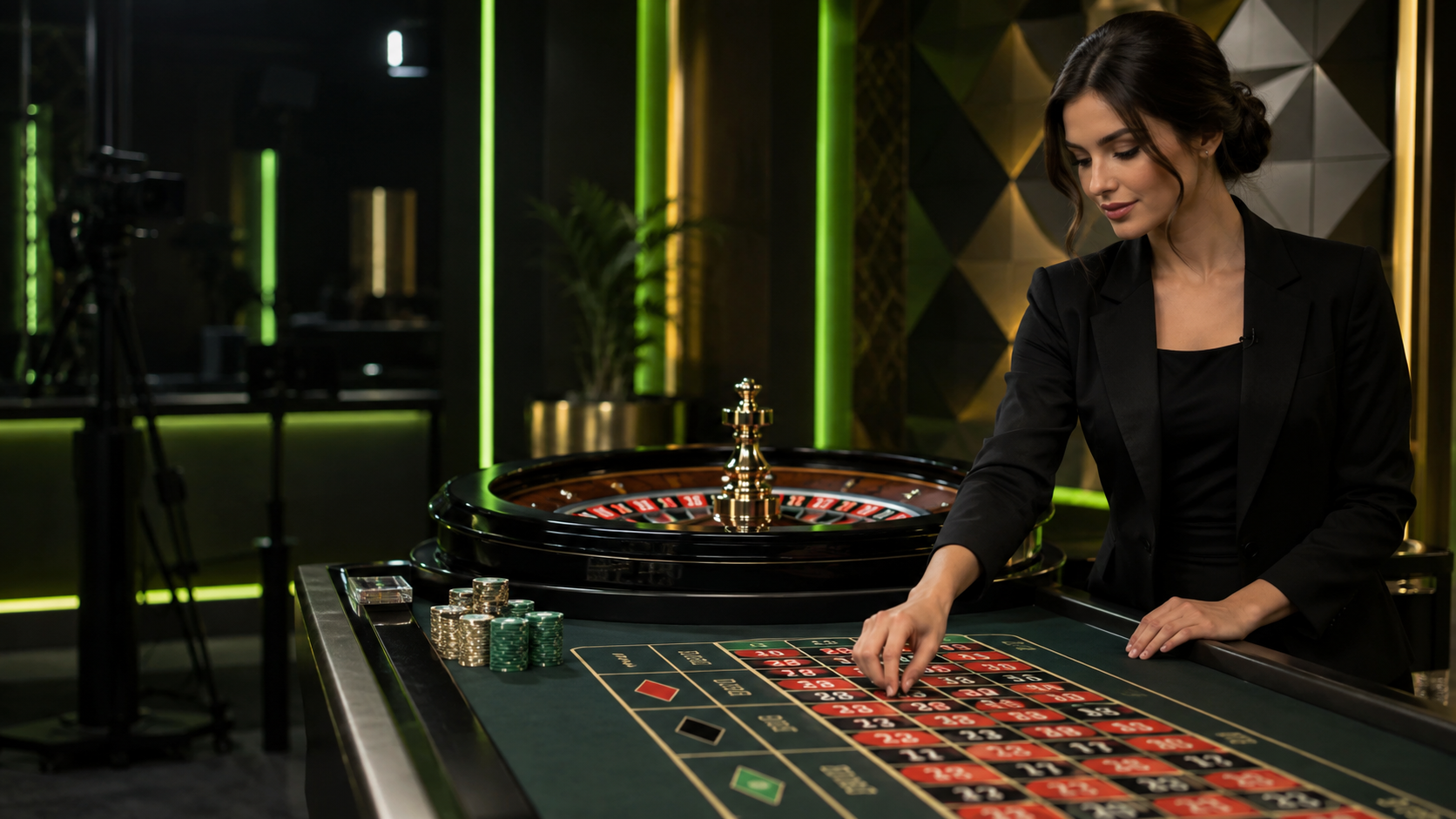 Croupier professionista in uno studio live con tavolo da roulette
